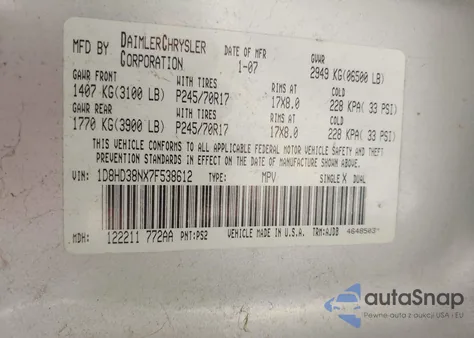 2007 Dodge Durango Sxt z USA, uszkodzony, nr VIN 1D8HD38NX7F538612